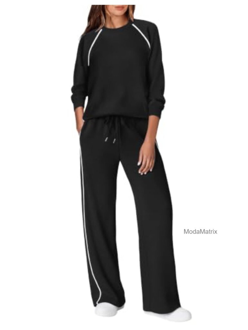 2 Piece Lounge Set Wide Leg Pants Piping Detail High Stretch